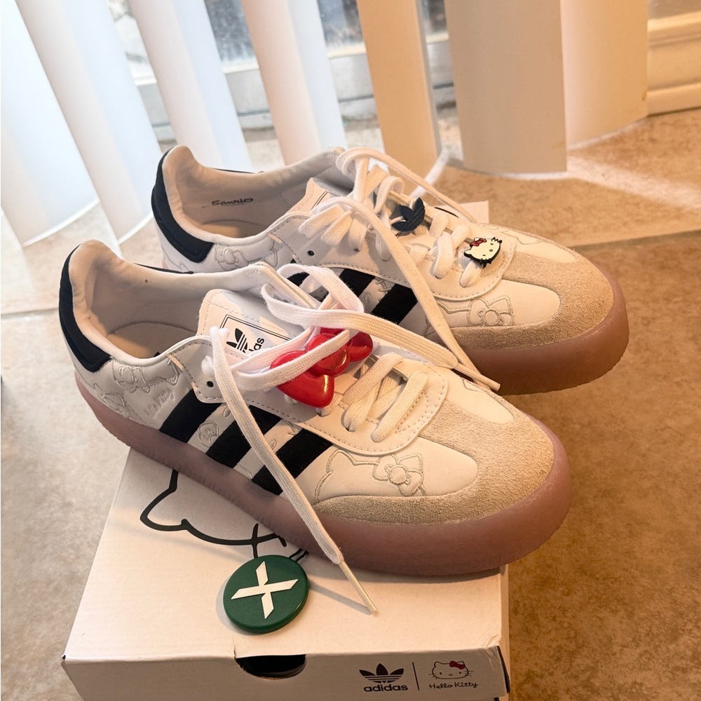 adidas White and Black Hello Kitty Accent Sneakers with Pink Gum Sole